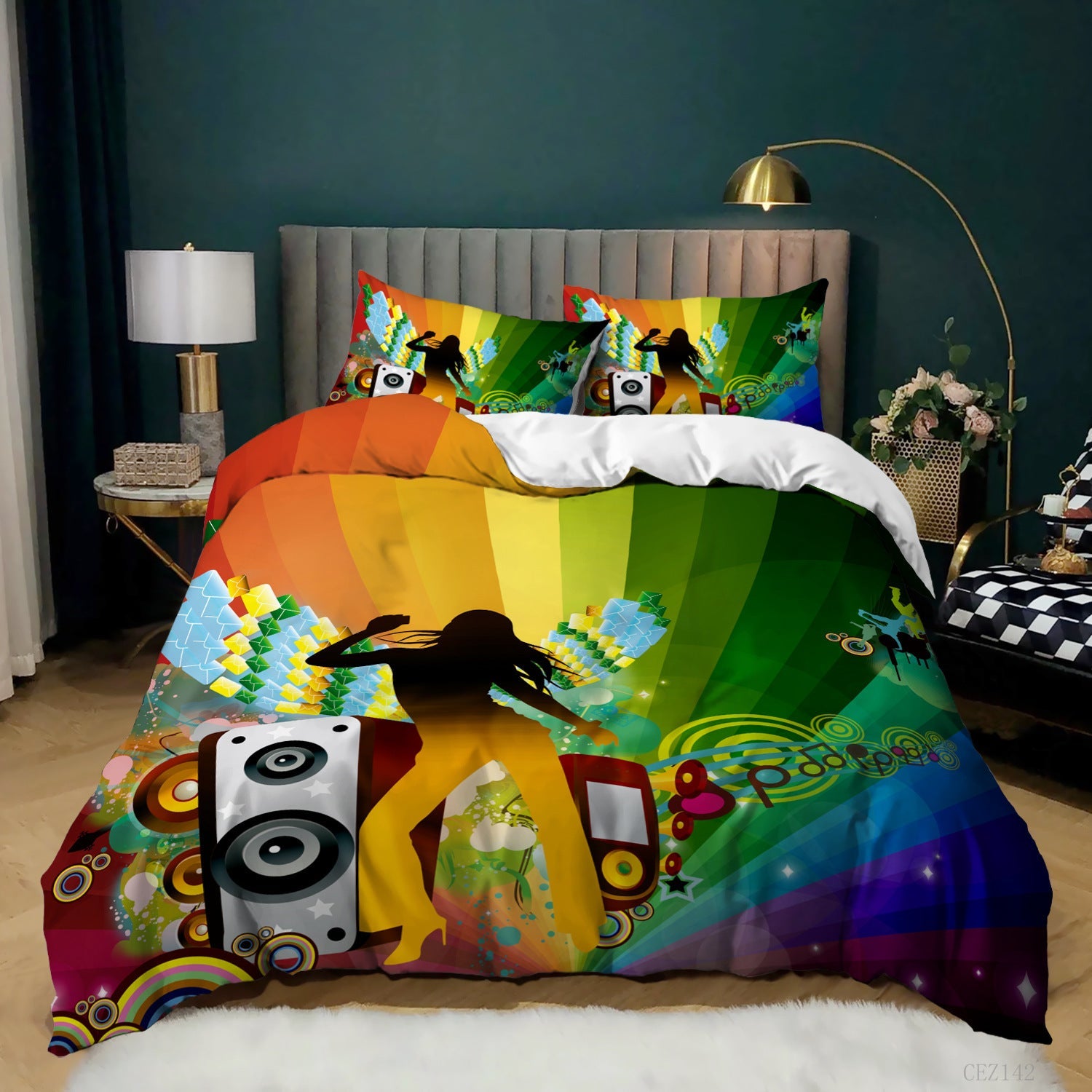 KTX-620243 Music Rainbow 3D Digital Print Bed Sheet Set - Modern Chemical Fiber Design in Multiple Dimensions