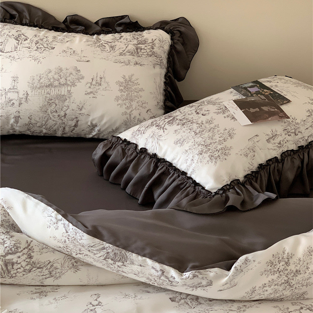 KTX-621715 Elegant Lyocell Fiber Lace Bedding Set - Available in White and Purple, Multiple Sizes