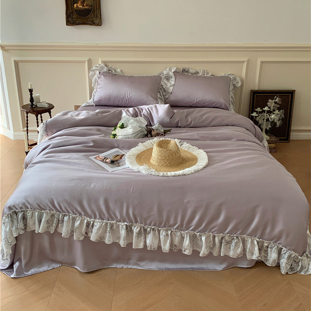 KTX-621715 Elegant Lyocell Fiber Lace Bedding Set - Available in White and Purple, Multiple Sizes