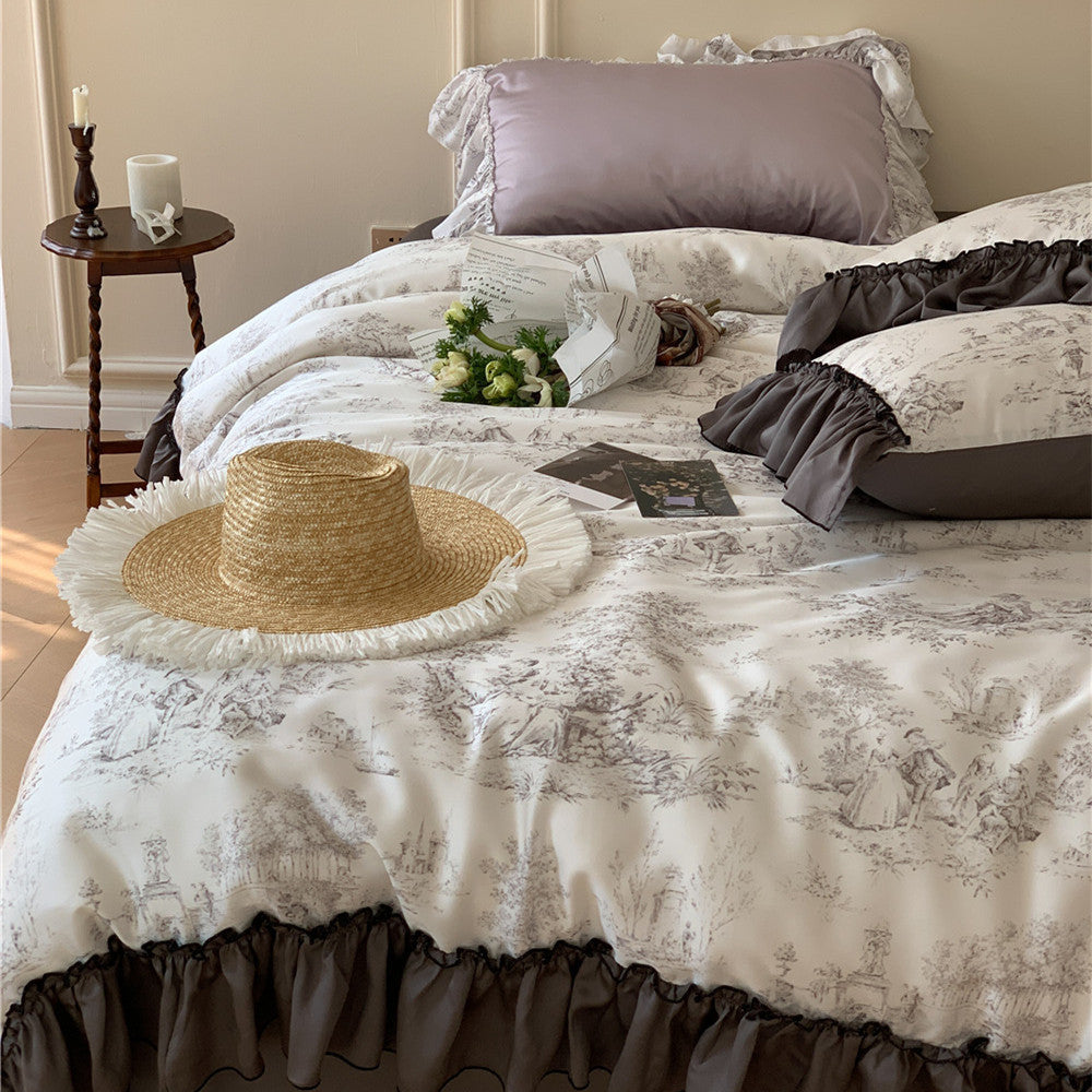 KTX-621715 Elegant Lyocell Fiber Lace Bedding Set - Available in White and Purple, Multiple Sizes