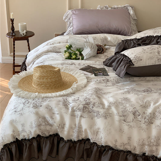 KTX-621715 Elegant Lyocell Fiber Lace Bedding Set - Available in White and Purple, Multiple Sizes