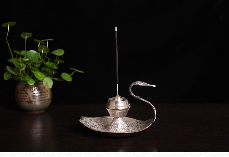 KTX-629075 Handcrafted Silver Swan Copper Incense Holder and Aroma Diffuser