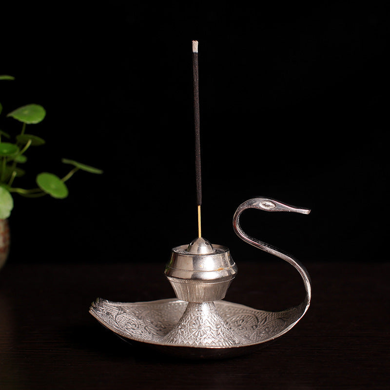 KTX-629075 Handcrafted Silver Swan Copper Incense Holder and Aroma Diffuser