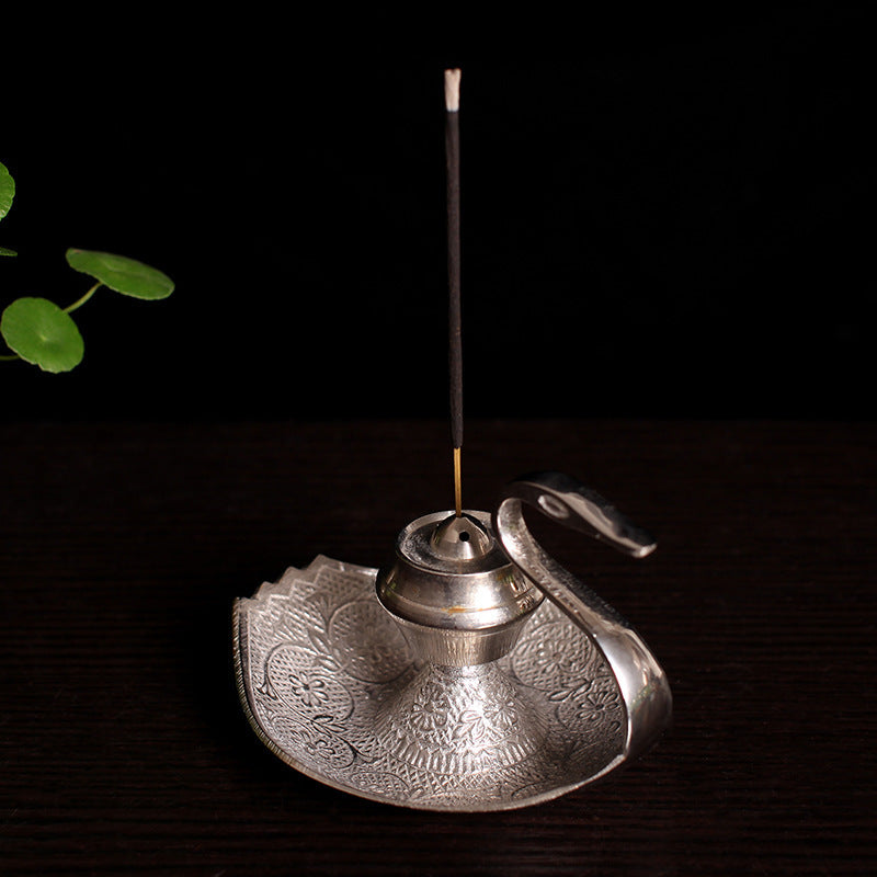 KTX-629075 Handcrafted Silver Swan Copper Incense Holder and Aroma Diffuser