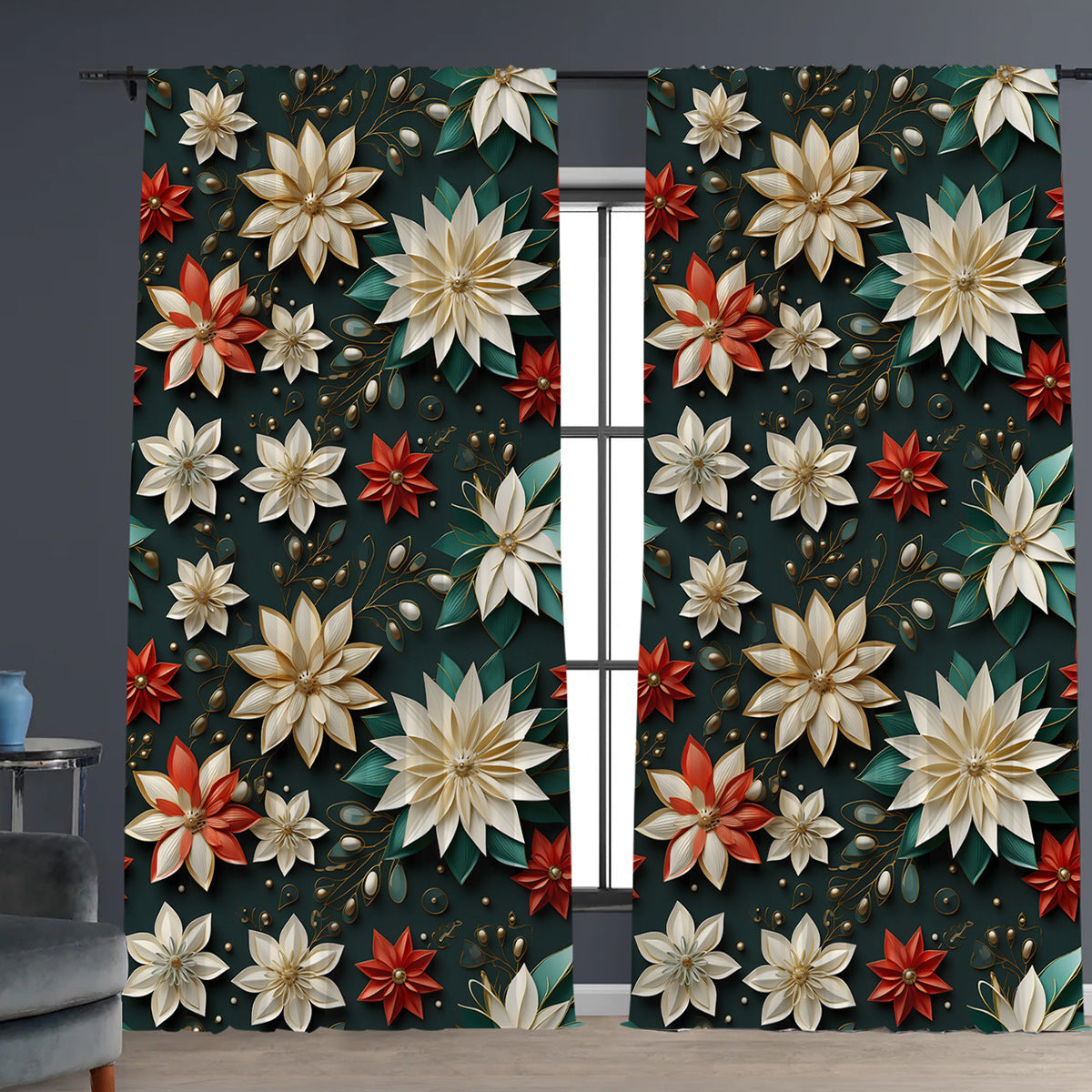 KTX-629843 Christmas 3D Printed Floral Curtains - Set of 2, Various Sizes and High Shading 71%-90%
