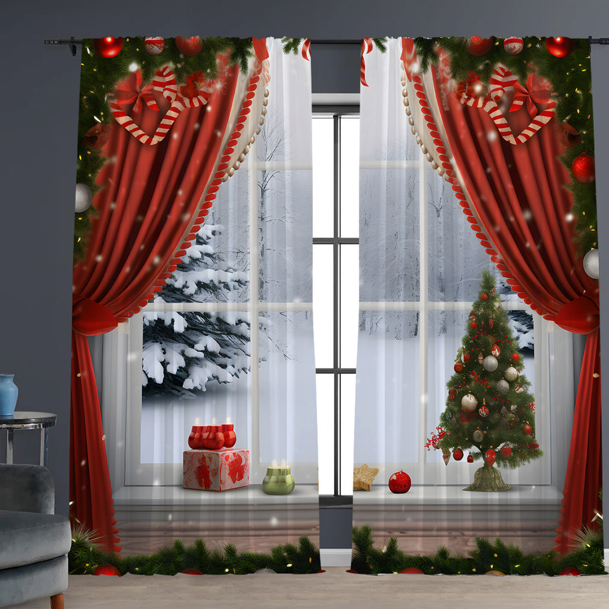 KTX-629843 Christmas 3D Printed Floral Curtains - Set of 2, Various Sizes and High Shading 71%-90%