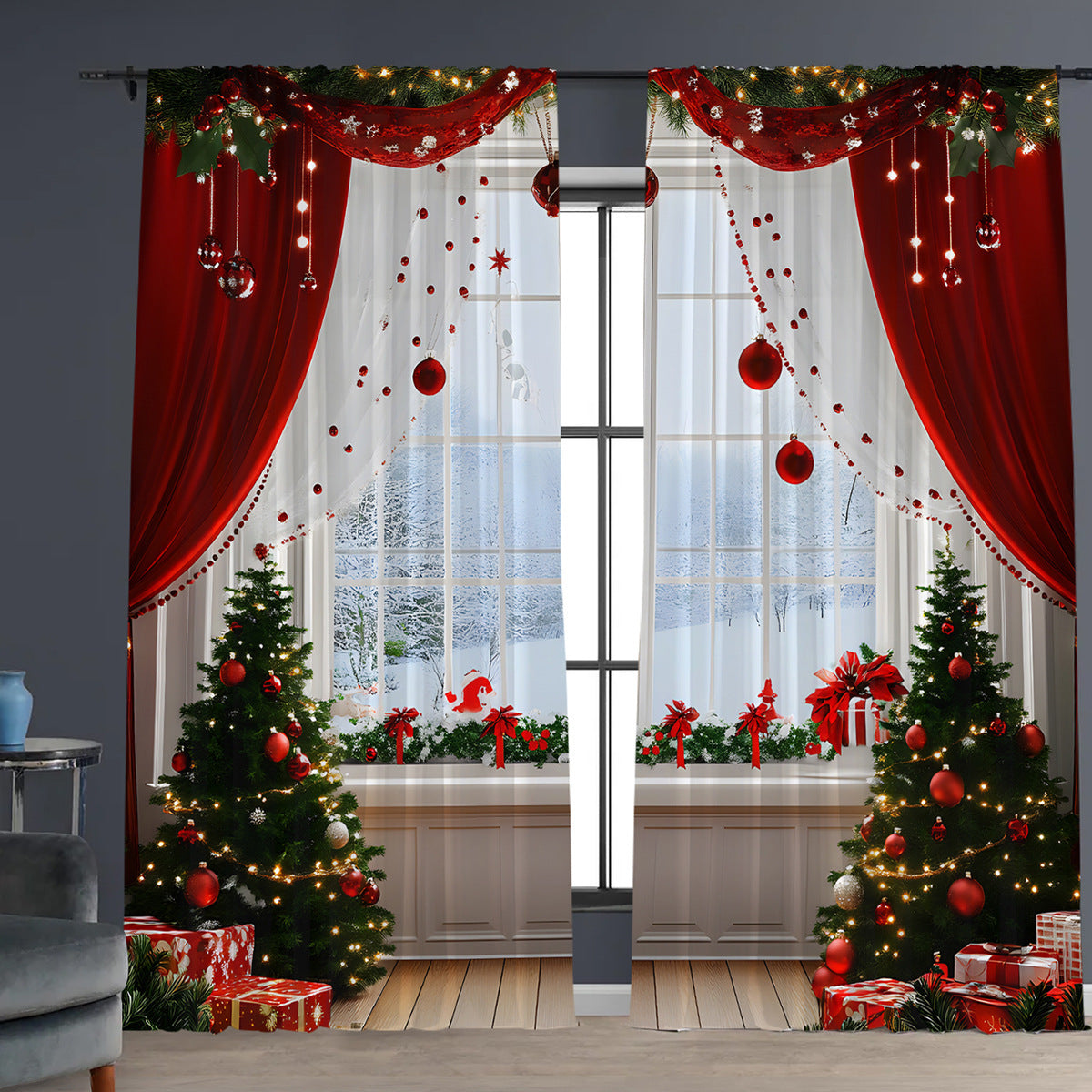 KTX-629843 Christmas 3D Printed Floral Curtains - Set of 2, Various Sizes and High Shading 71%-90%