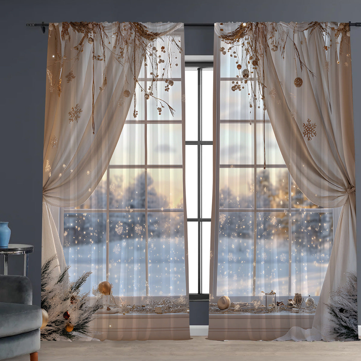 KTX-629843 Christmas 3D Printed Floral Curtains - Set of 2, Various Sizes and High Shading 71%-90%
