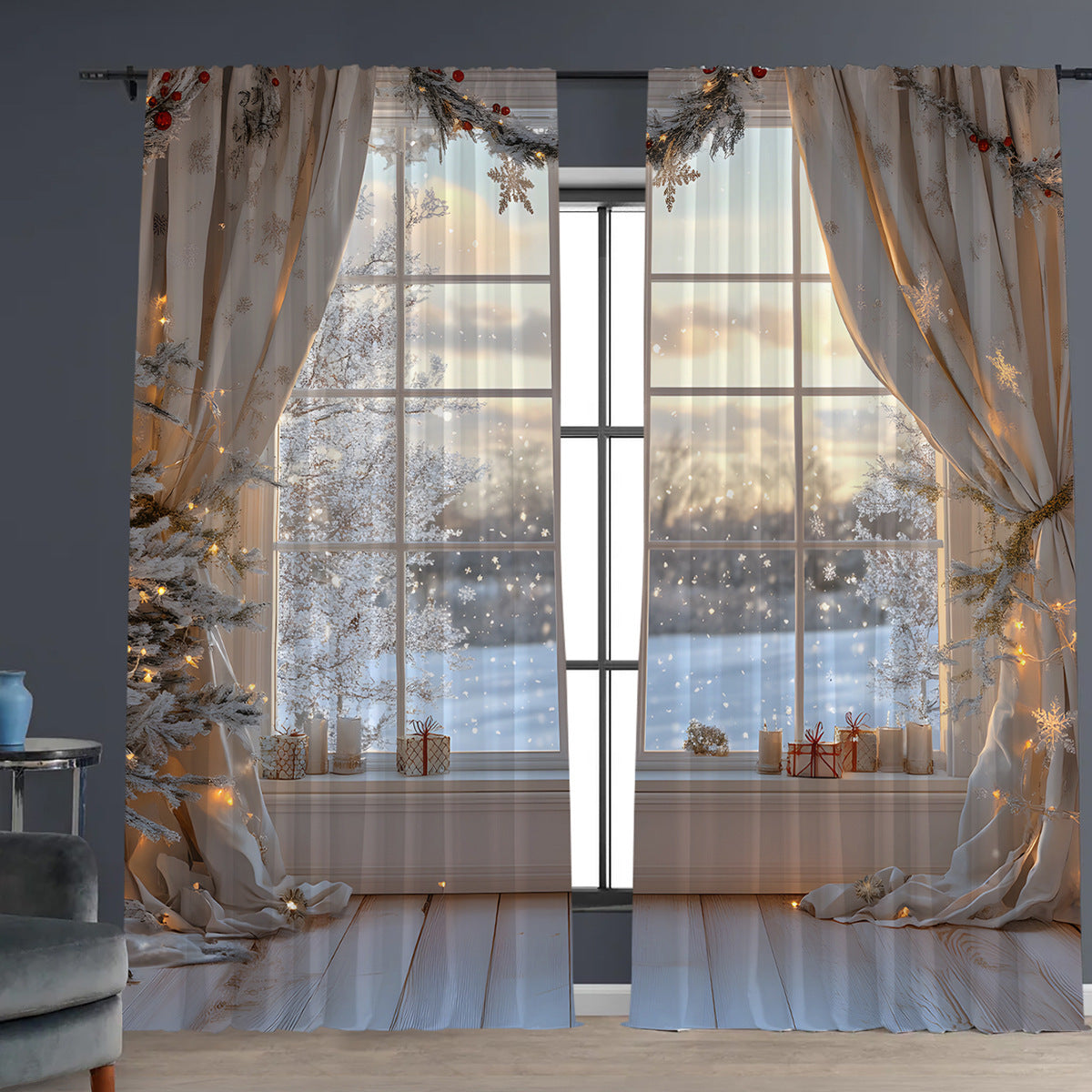 KTX-629843 Christmas 3D Printed Floral Curtains - Set of 2, Various Sizes and High Shading 71%-90%