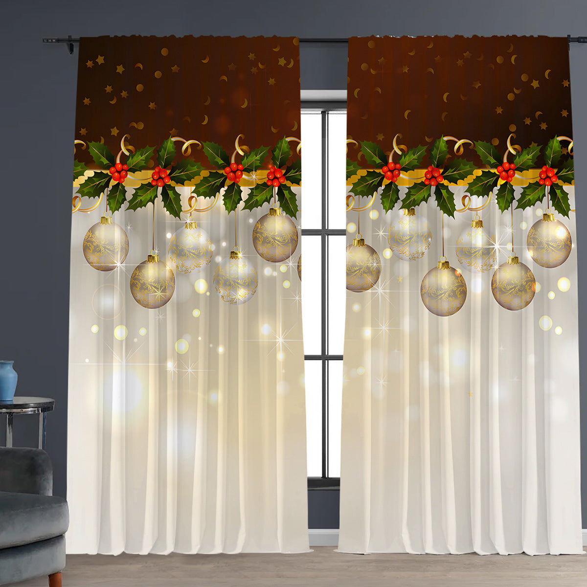 KTX-629843 Christmas 3D Printed Floral Curtains - Set of 2, Various Sizes and High Shading 71%-90%