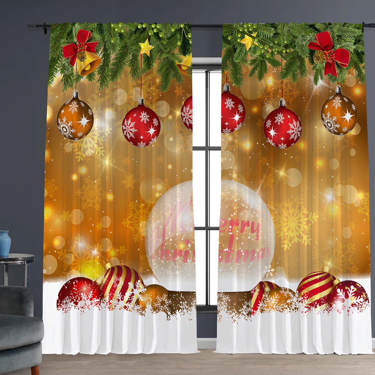 KTX-629843 Christmas 3D Printed Floral Curtains - Set of 2, Various Sizes and High Shading 71%-90%