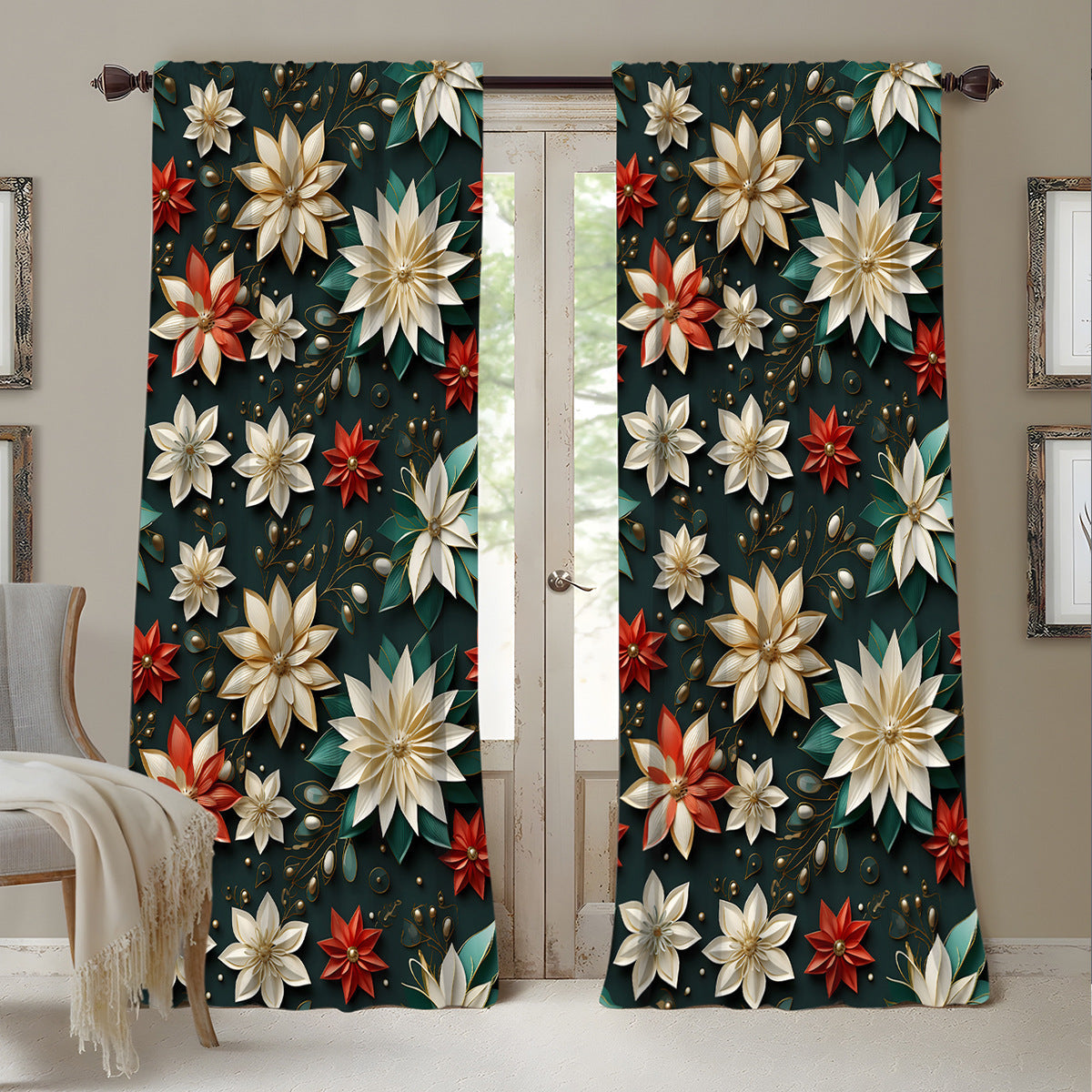 KTX-629843 Christmas 3D Printed Floral Curtains - Set of 2, Various Sizes and High Shading 71%-90%
