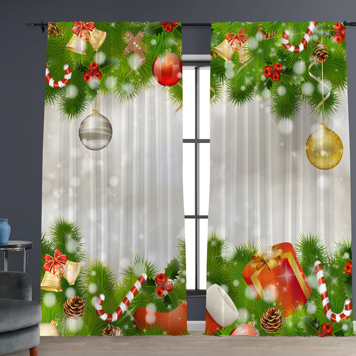 KTX-629843 Christmas 3D Printed Floral Curtains - Set of 2, Various Sizes and High Shading 71%-90%