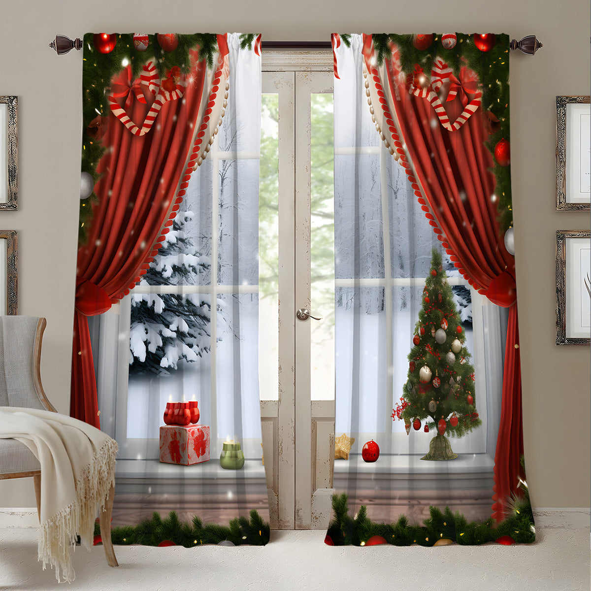 KTX-629843 Christmas 3D Printed Floral Curtains - Set of 2, Various Sizes and High Shading 71%-90%