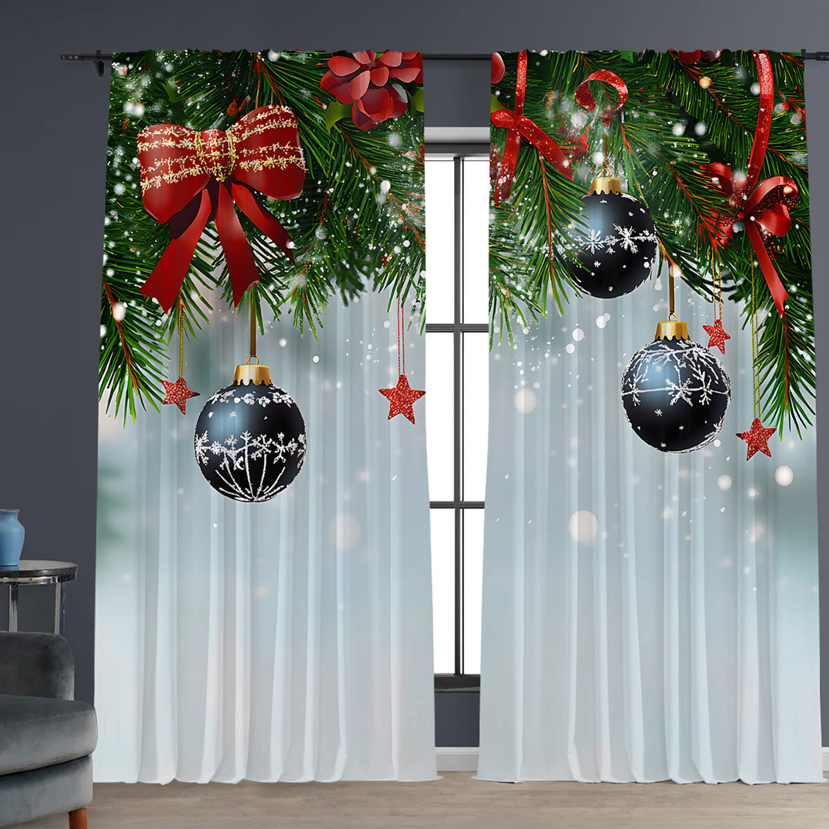 KTX-629843 Christmas 3D Printed Floral Curtains - Set of 2, Various Sizes and High Shading 71%-90%