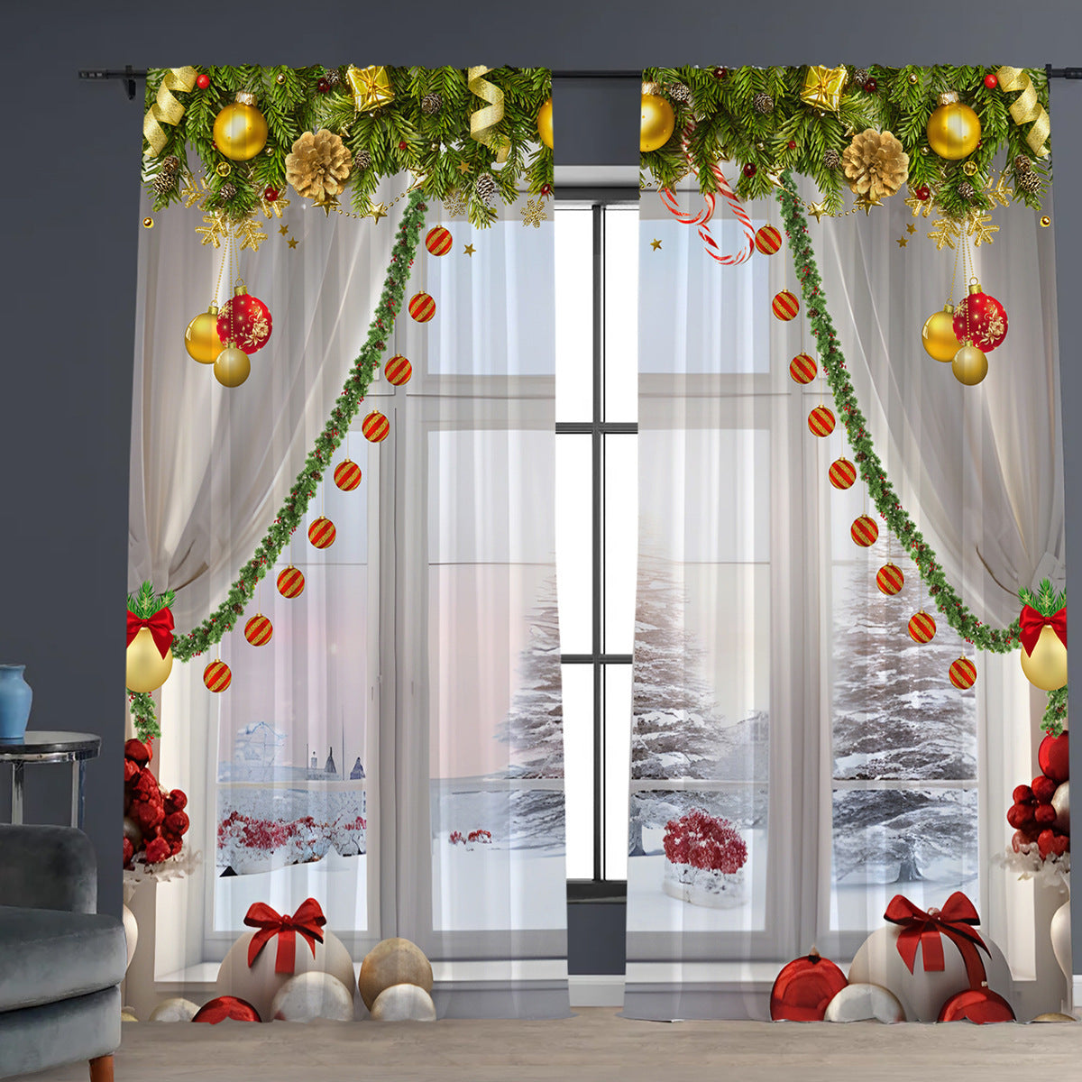 KTX-629843 Christmas 3D Printed Floral Curtains - Set of 2, Various Sizes and High Shading 71%-90%