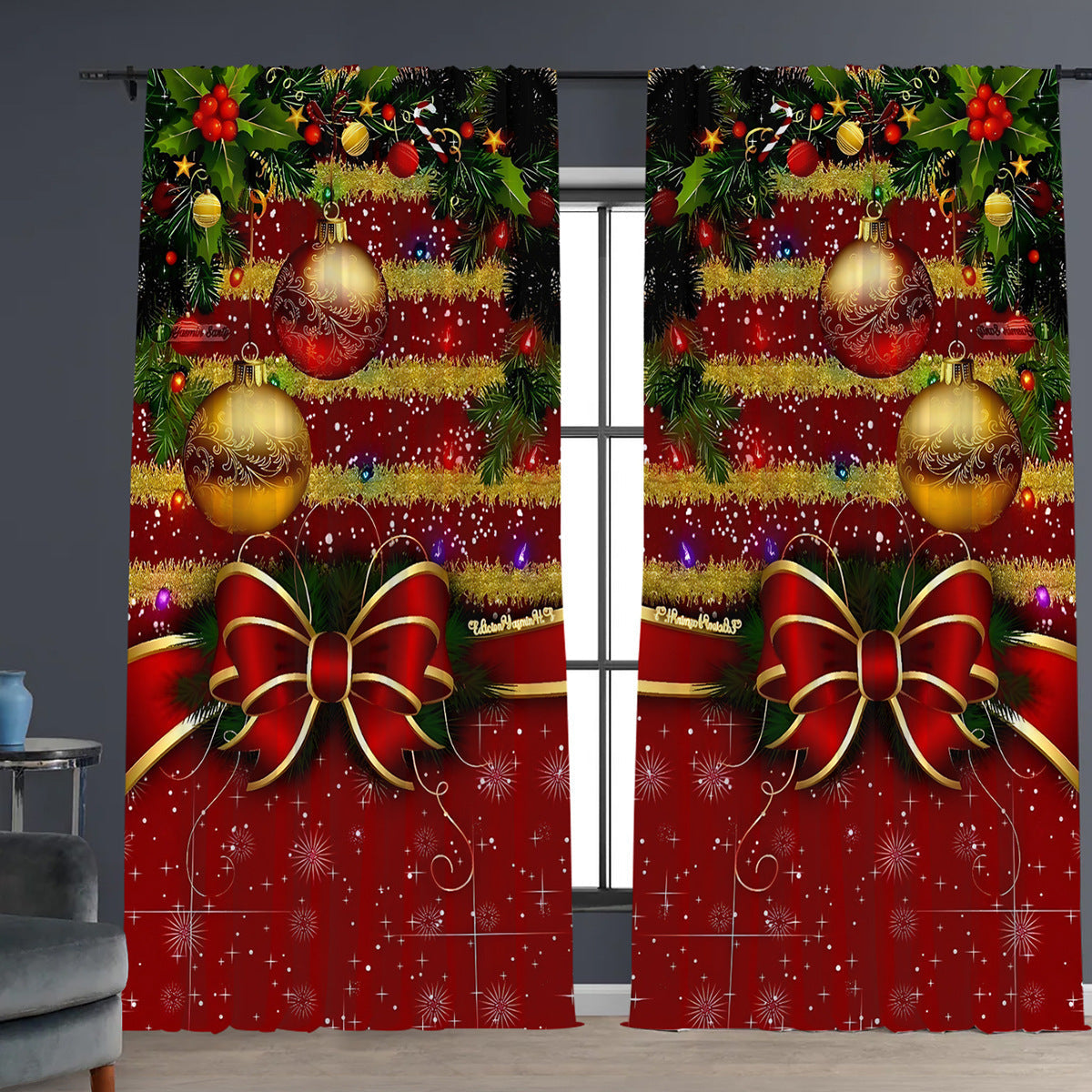 KTX-629843 Christmas 3D Printed Floral Curtains - Set of 2, Various Sizes and High Shading 71%-90%