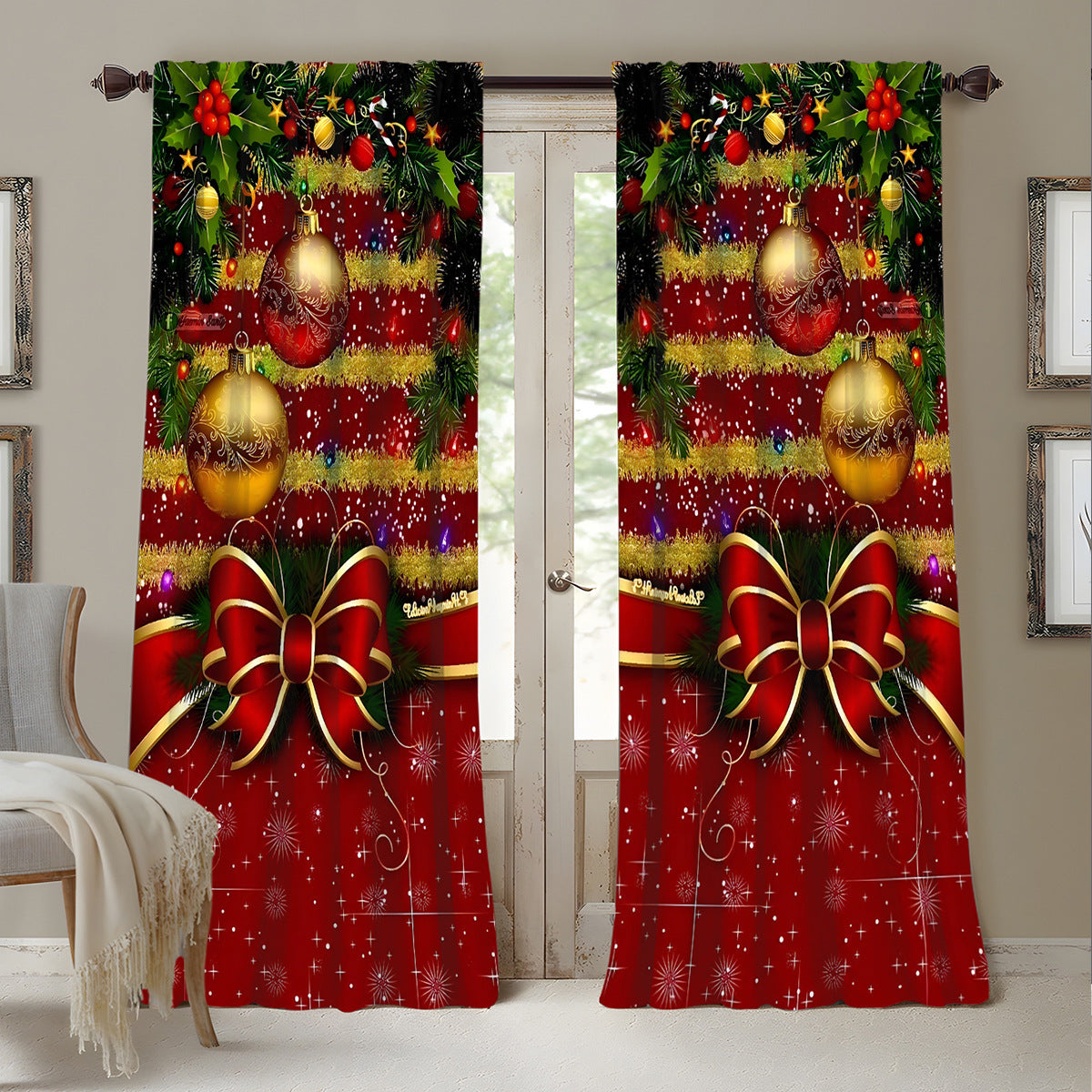 KTX-629843 Christmas 3D Printed Floral Curtains - Set of 2, Various Sizes and High Shading 71%-90%