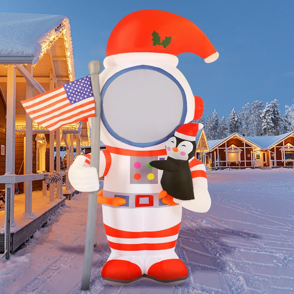 KTX-630483 8FT Inflatable Astronaut Decoration with Penguin for Christmas and Holiday Parties