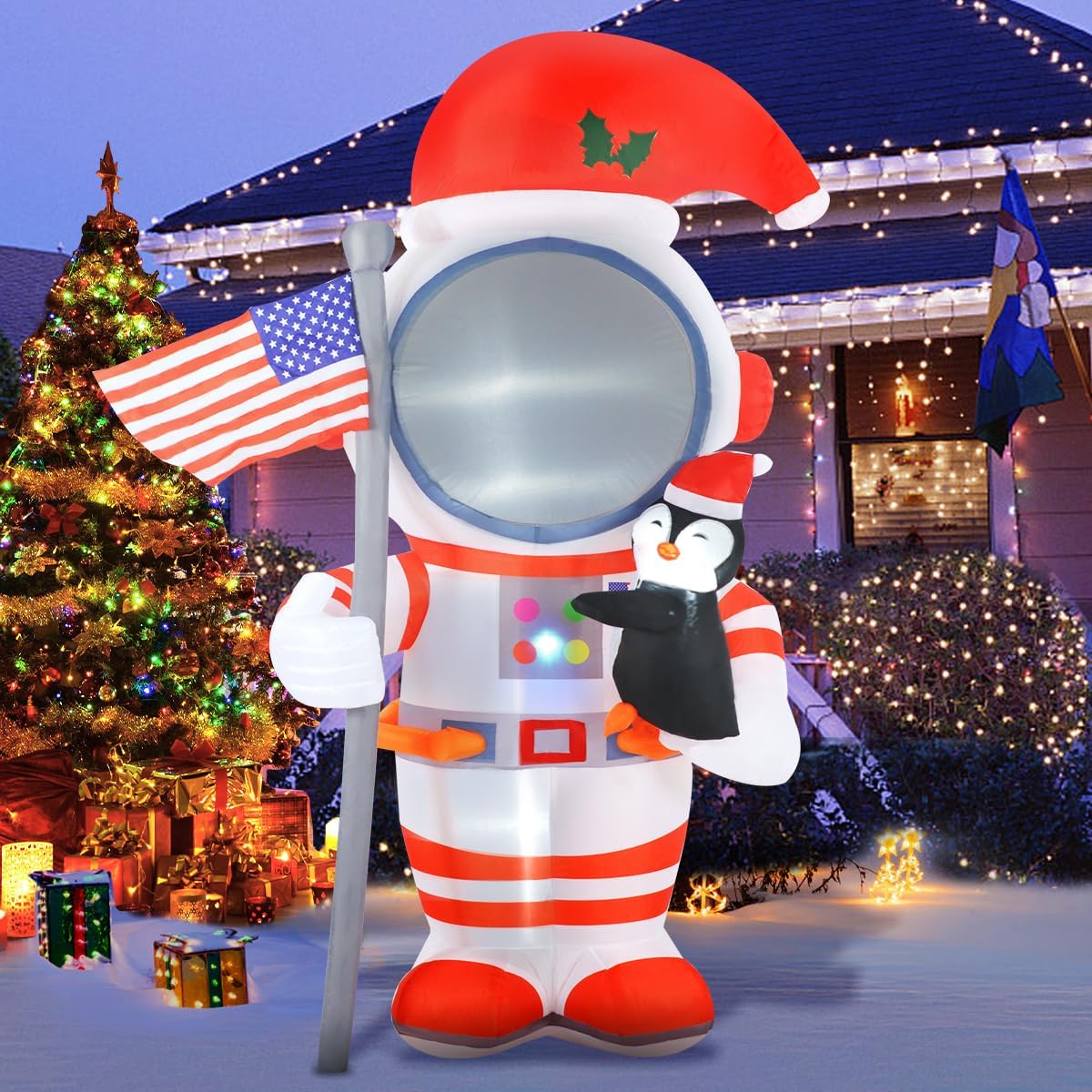 KTX-630483 8FT Inflatable Astronaut Decoration with Penguin for Christmas and Holiday Parties