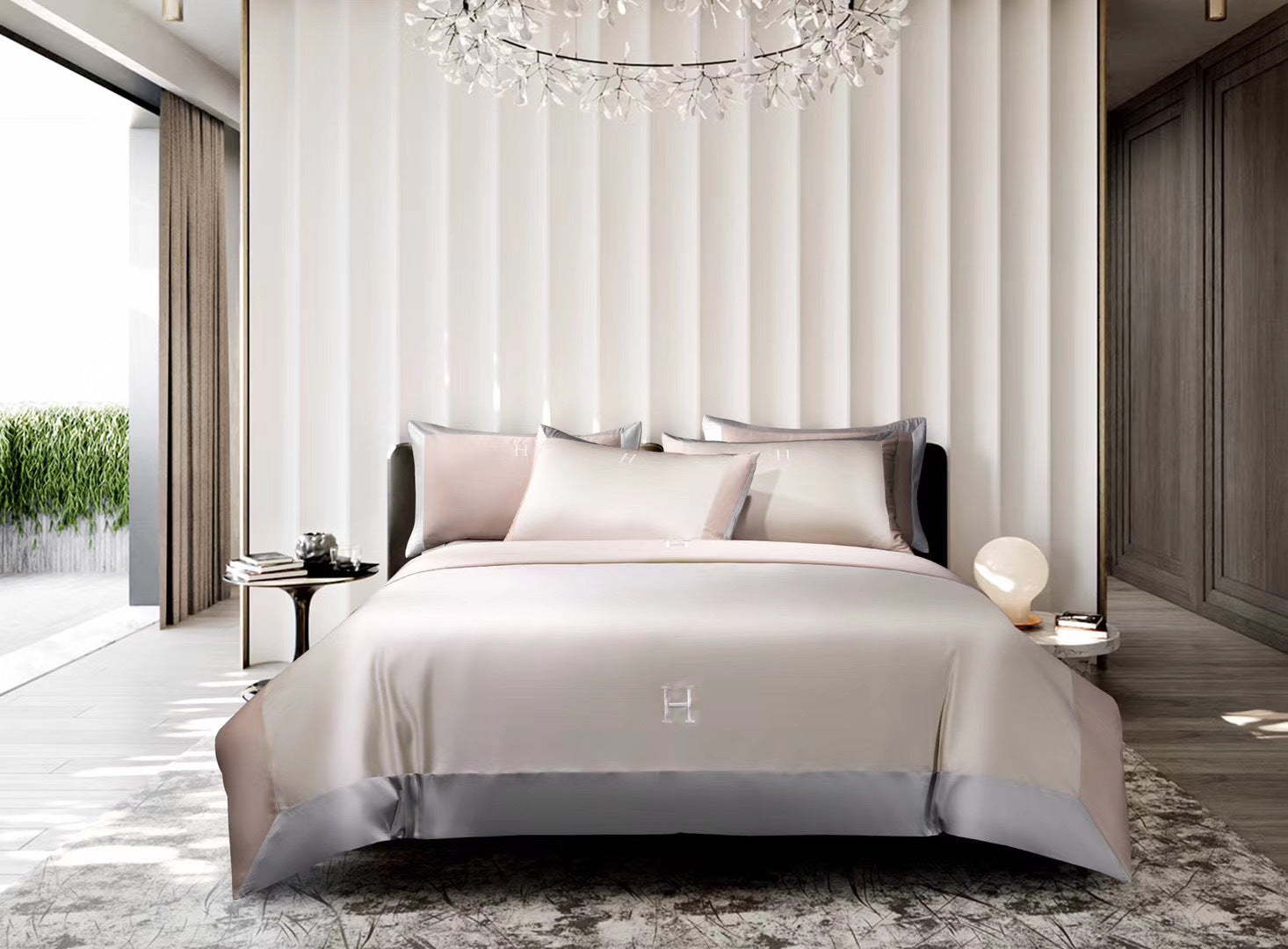 KTX-630611 Light Luxury Solid Color Long-Staple Cotton Four-Piece Bedding Set with Embroidery