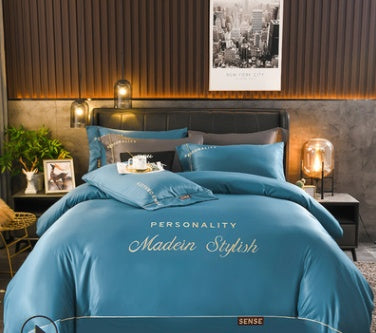 KTX-631763 European-Style Washed Silk Four-Piece Bedding Set with Lace Details in Ice Silk for 1.8m Beds