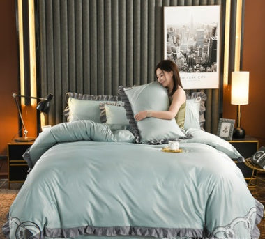 KTX-631763 European-Style Washed Silk Four-Piece Bedding Set with Lace Details in Ice Silk for 1.8m Beds