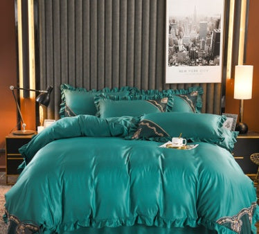KTX-631763 European-Style Washed Silk Four-Piece Bedding Set with Lace Details in Ice Silk for 1.8m Beds