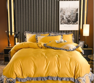 KTX-631763 European-Style Washed Silk Four-Piece Bedding Set with Lace Details in Ice Silk for 1.8m Beds