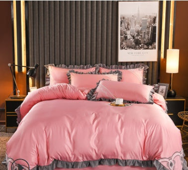 KTX-631763 European-Style Washed Silk Four-Piece Bedding Set with Lace Details in Ice Silk for 1.8m Beds