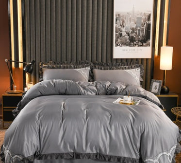 KTX-631763 European-Style Washed Silk Four-Piece Bedding Set with Lace Details in Ice Silk for 1.8m Beds