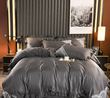 KTX-631763 European-Style Washed Silk Four-Piece Bedding Set with Lace Details in Ice Silk for 1.8m Beds