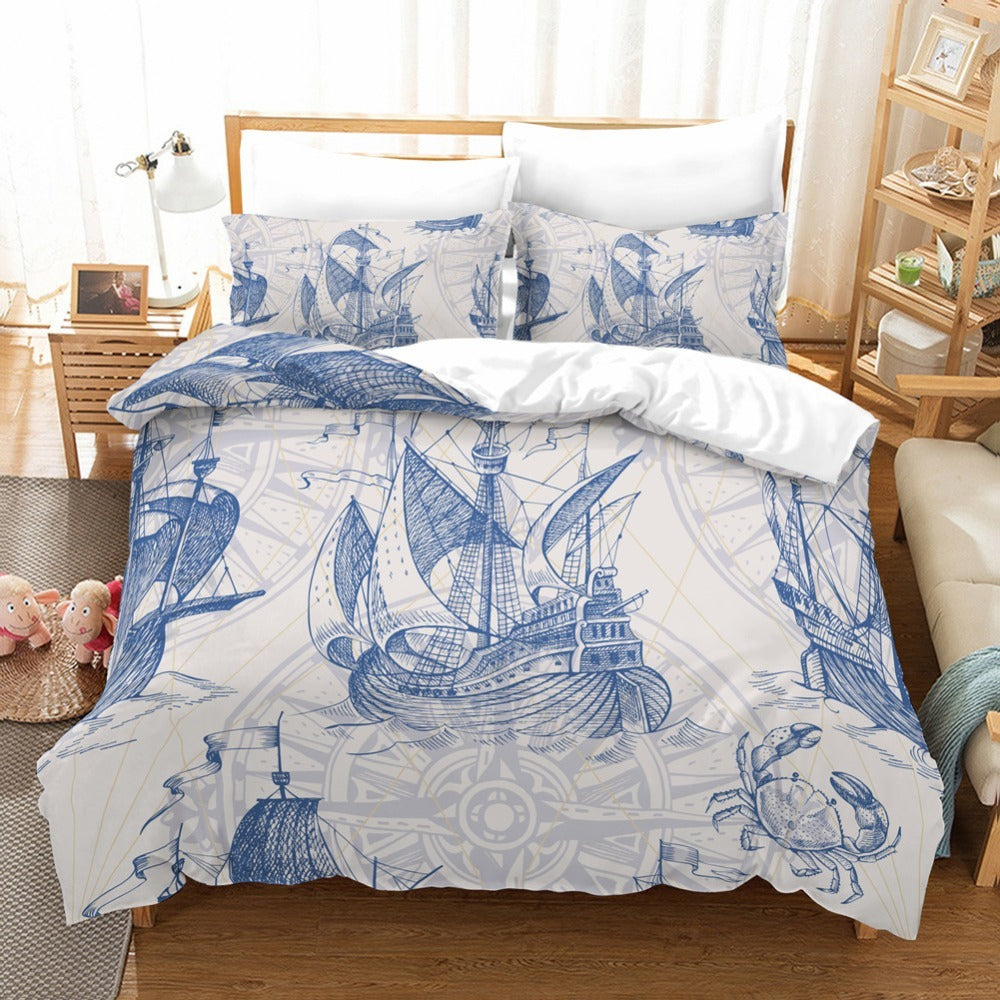 KTX-633747 Retro Sea Turtle Duvet Cover Set in Polyester - Floral Nautical Design (Three or Four Pieces Available)