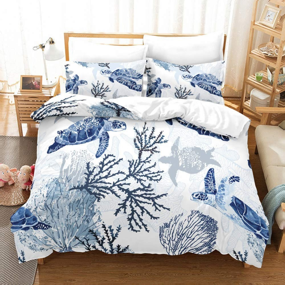 KTX-633747 Retro Sea Turtle Duvet Cover Set in Polyester - Floral Nautical Design (Three or Four Pieces Available)