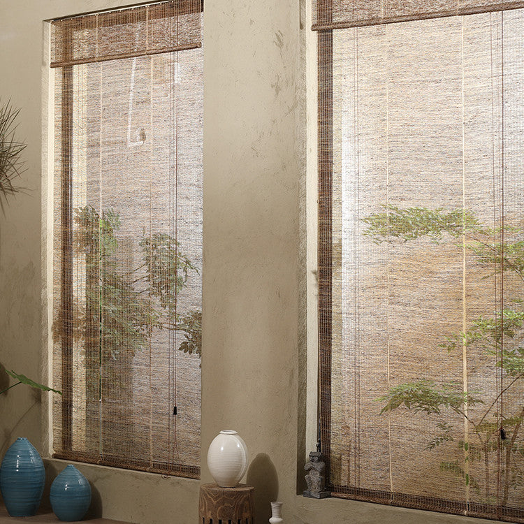 KTX-635603 Japanese Ramie Roller Blind for Tea Rooms - Semi-Shading, Plain Beige Design, Available in Multiple Widths