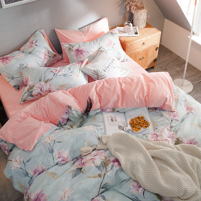 KTX-636371 Leopard and Floral Print Cotton Velvet 4-Piece Bedding Set - Duvet Cover, Sheets, Pillowcases