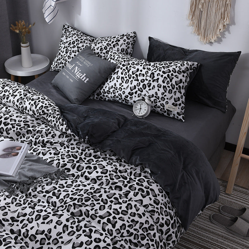 KTX-636371 Leopard and Floral Print Cotton Velvet 4-Piece Bedding Set - Duvet Cover, Sheets, Pillowcases