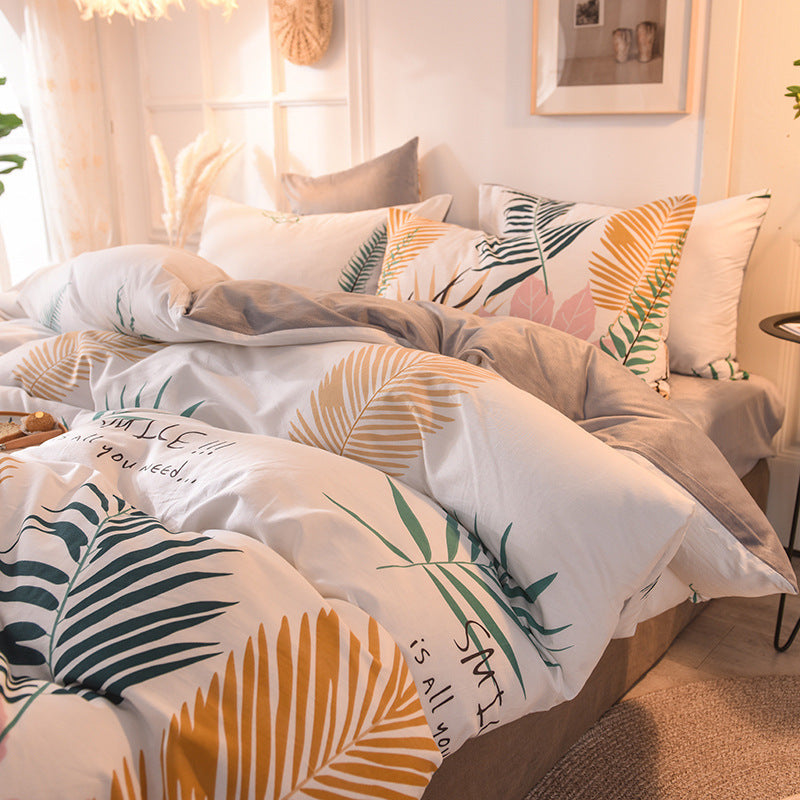 KTX-636371 Leopard and Floral Print Cotton Velvet 4-Piece Bedding Set - Duvet Cover, Sheets, Pillowcases