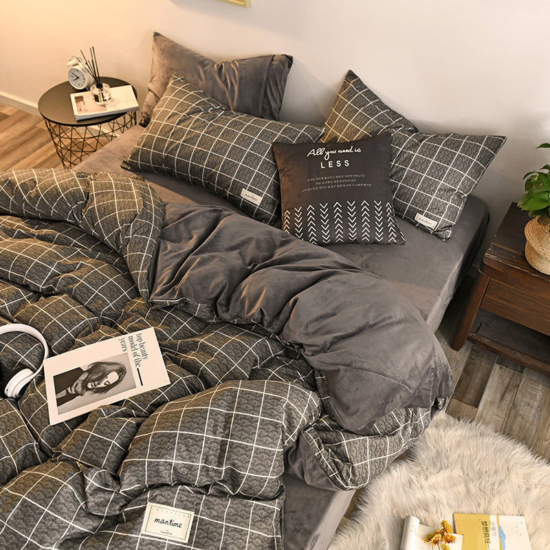 KTX-636371 Leopard and Floral Print Cotton Velvet 4-Piece Bedding Set - Duvet Cover, Sheets, Pillowcases