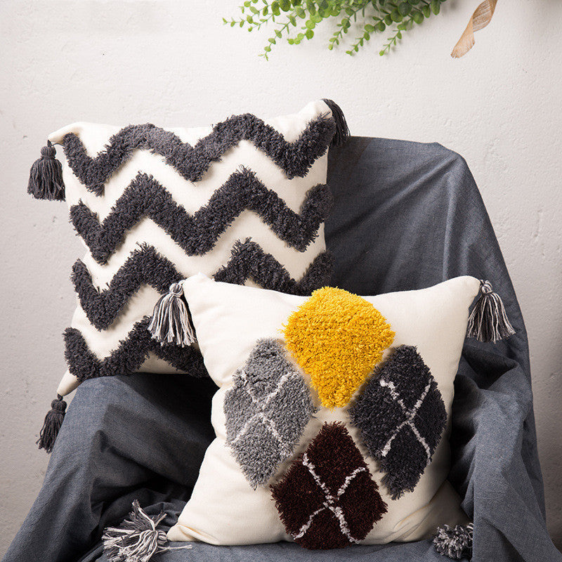 KTX-637203 Embroidered Tufted Gray and Black Square Cushion with Core for Nordic Home Decor