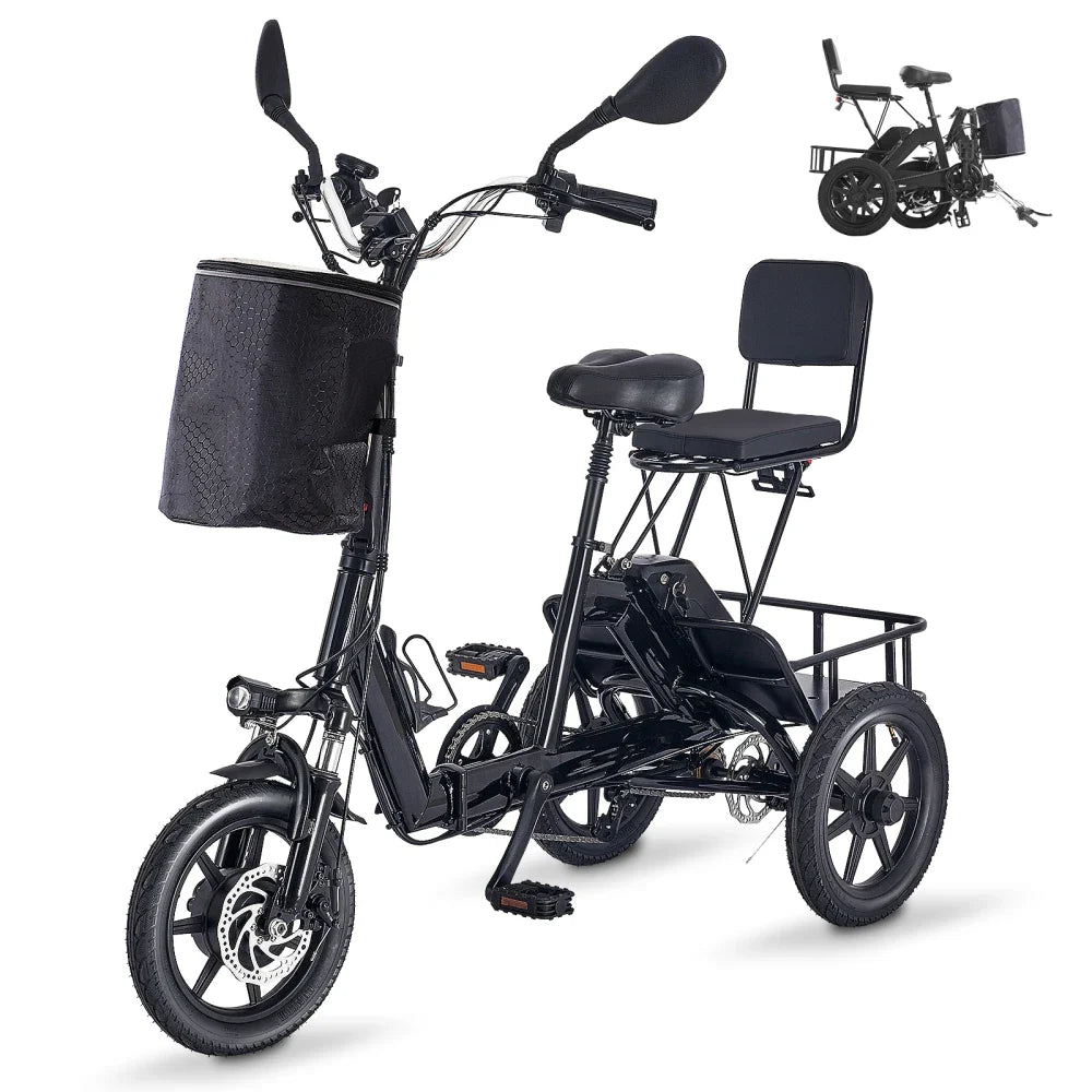 KTX-637395 Folding Electric Scooter with 350W/500W Peak Motor, 480Wh Removable Battery, 2-Seat Design, Large Basket, Black