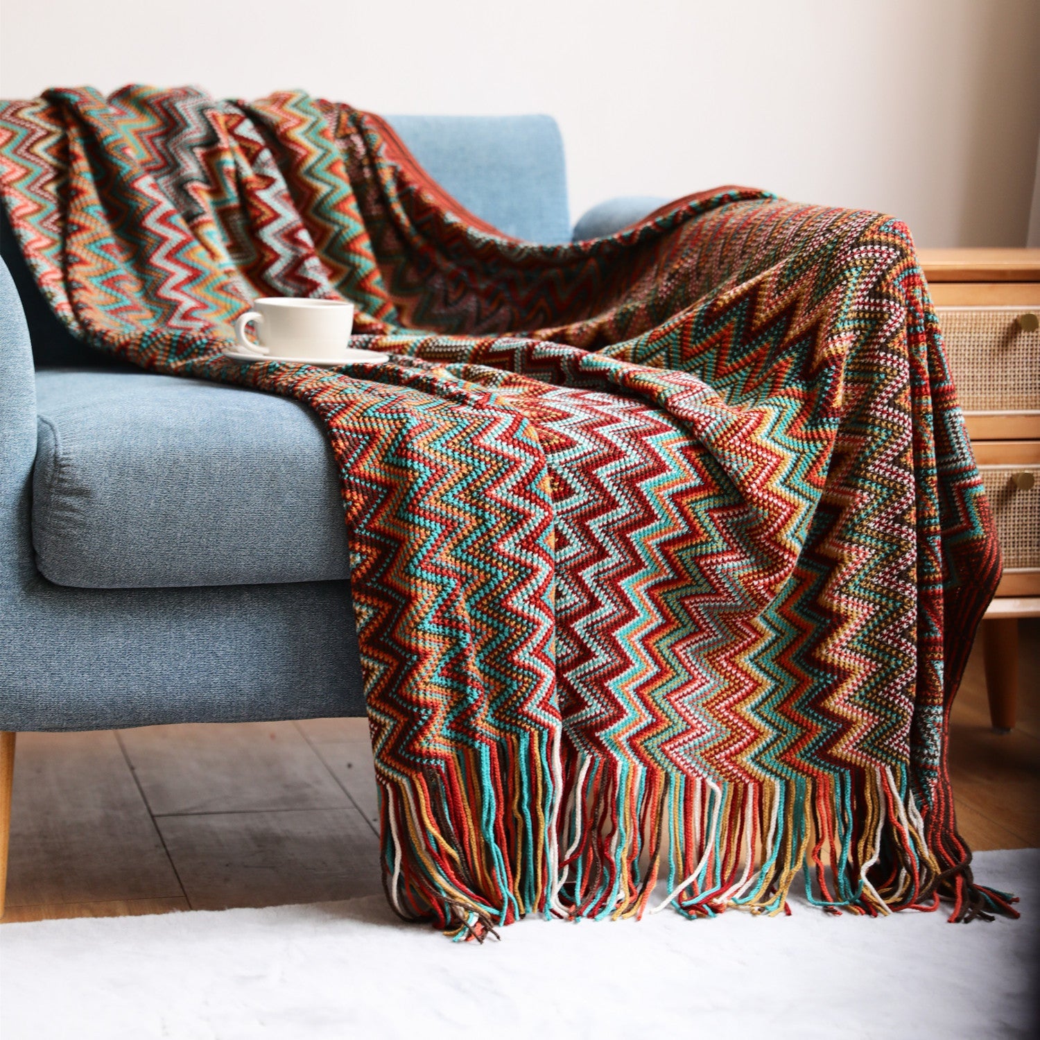 KTX-640275 European Style Knitted Blanket - Soft Acrylic Fiber, Striped Design, Ideal for All Seasons, Perfect for Home or Office Use