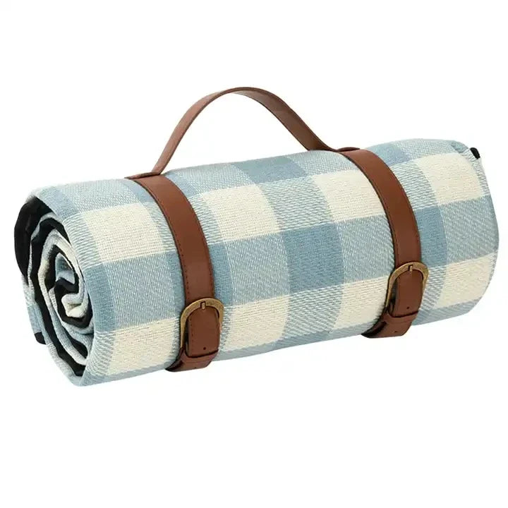 KTX-644307 Extra Large Waterproof Picnic Blanket with Vegan Leather Strap and Logo for Camping and Outdoor Use