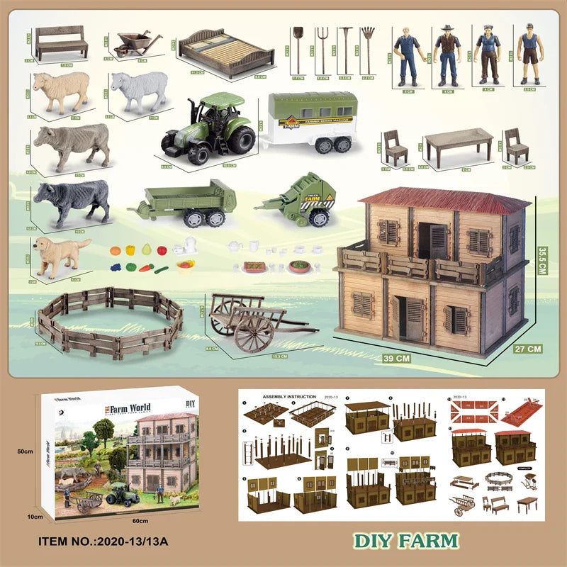 KTX-645203 DIY Farm House Animal Action Figure Play Set with Tractors and Farm Truck