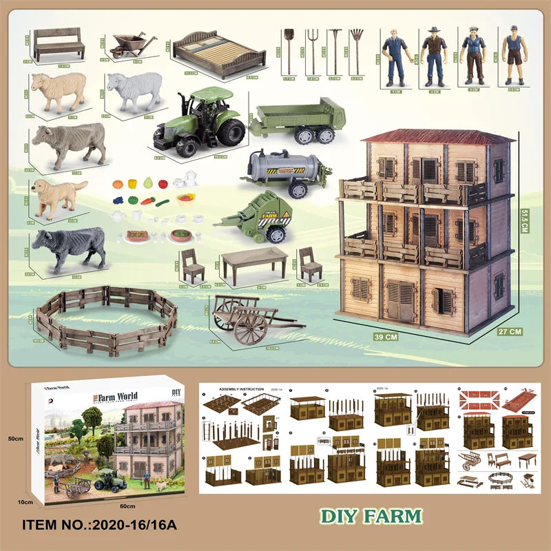 KTX-645203 DIY Farm House Animal Action Figure Play Set with Tractors and Farm Truck