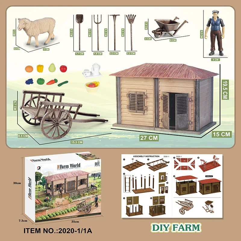 KTX-645203 DIY Farm House Animal Action Figure Play Set with Tractors and Farm Truck