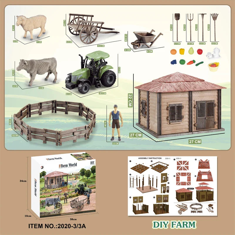 KTX-645203 DIY Farm House Animal Action Figure Play Set with Tractors and Farm Truck