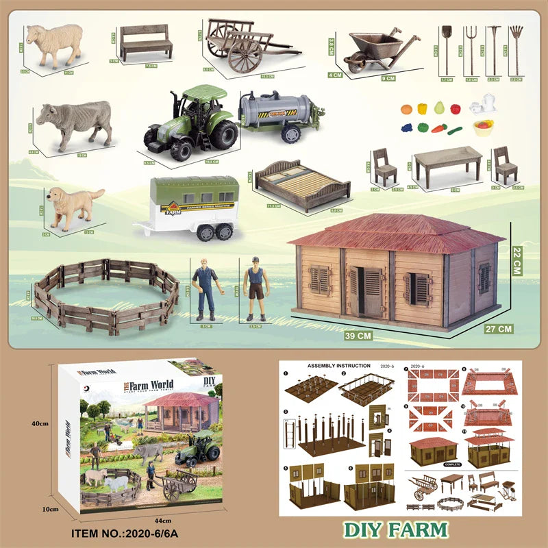 KTX-645203 DIY Farm House Animal Action Figure Play Set with Tractors and Farm Truck