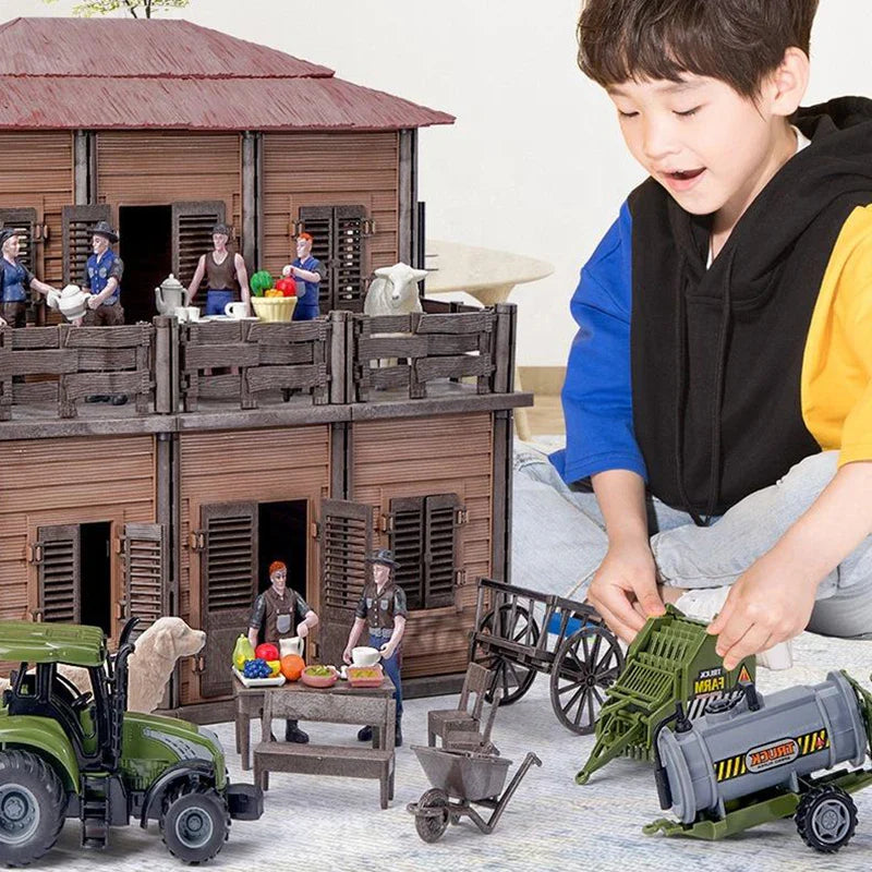 KTX-645203 DIY Farm House Animal Action Figure Play Set with Tractors and Farm Truck