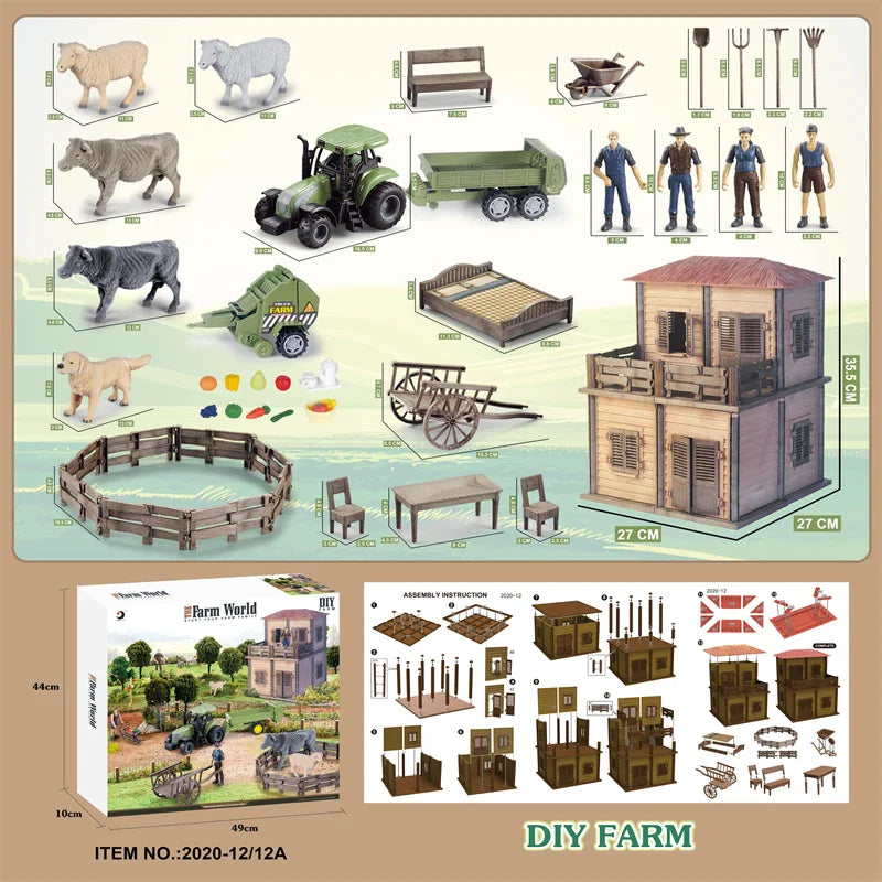KTX-645203 DIY Farm House Animal Action Figure Play Set with Tractors and Farm Truck